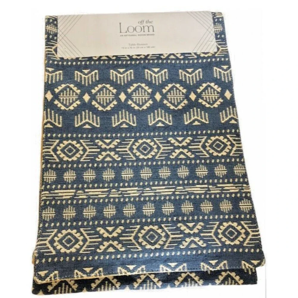 Southwest Desert Indian Table Runner Tapestry Spot Clean Blue Satin Backed 13x72